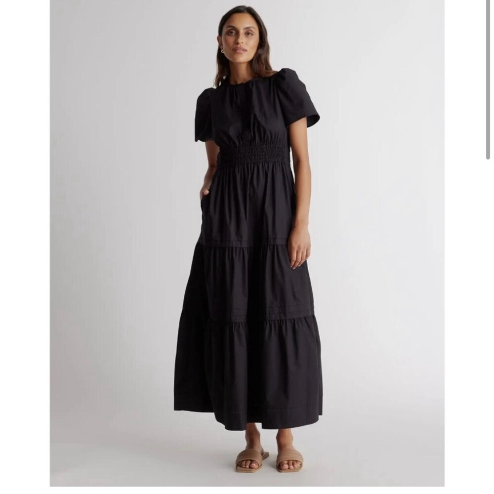 Quince Black Organic Cotton Tiered Maxi Dress sz L Womens Pockets Poplin Fabric